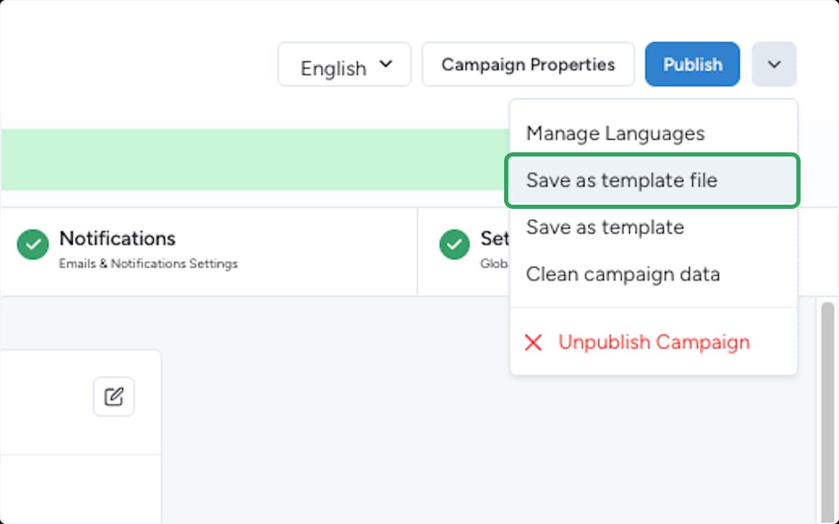 Campaign action menu open with Save as template file highlighted