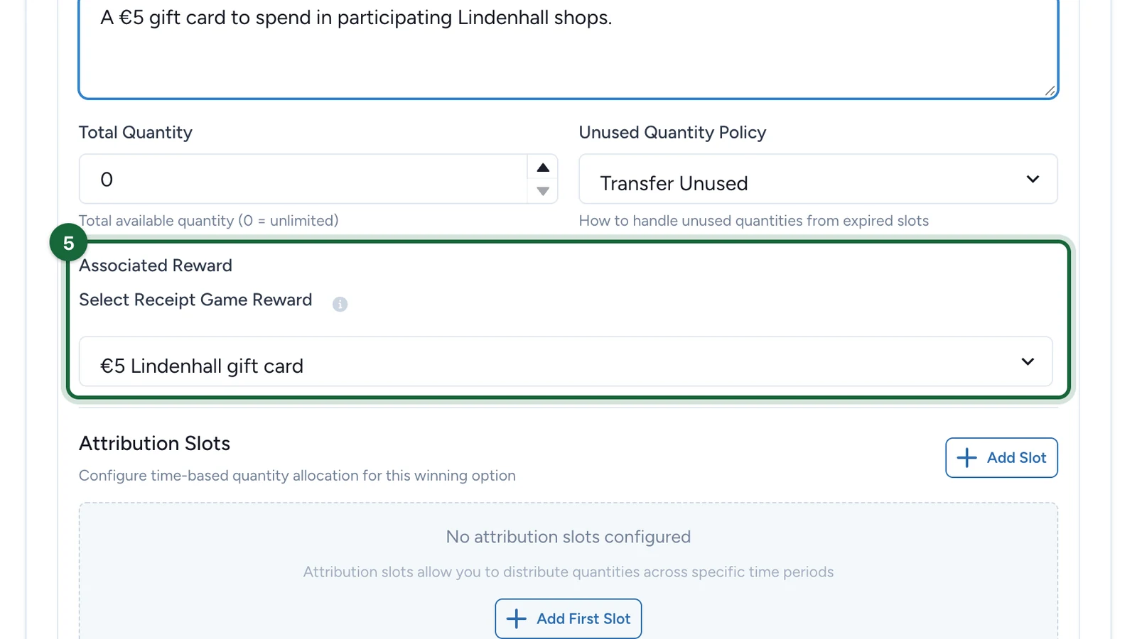 Associated Reward set to the €5 Lindenhall gift card, highlighted