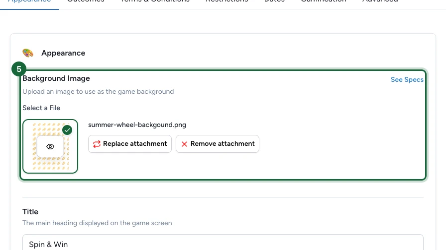 Appearance tab with the Background Image upload control highlighted