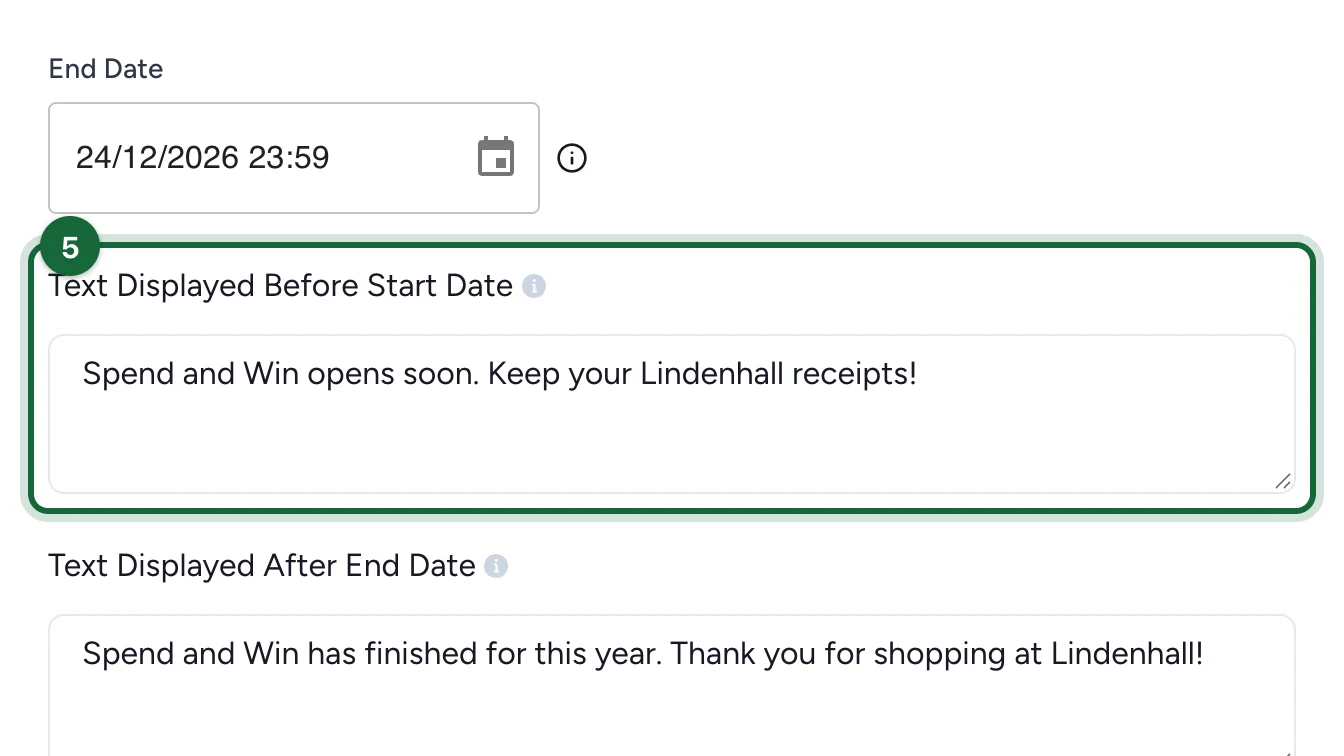 Text Displayed Before Start Date saying Spend and Win opens soon, highlighted