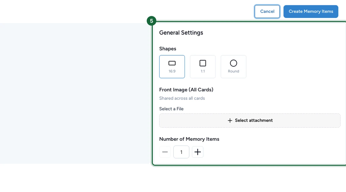 General Settings du Memory Game Builder montrant la forme de carte, la Front Image partagée et le contrôle du nombre d'éléments