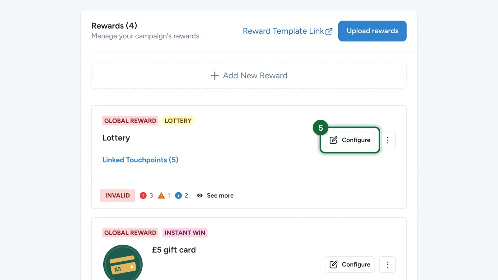 New Lottery card with its Configure button highlighted