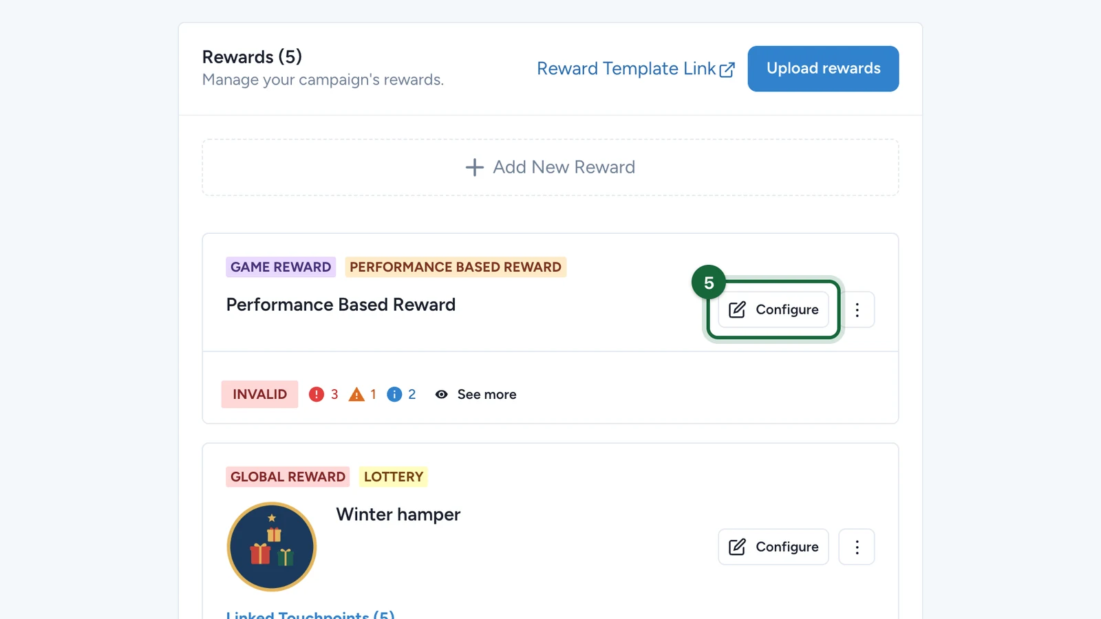 New Performance Based Reward card with its Configure button highlighted