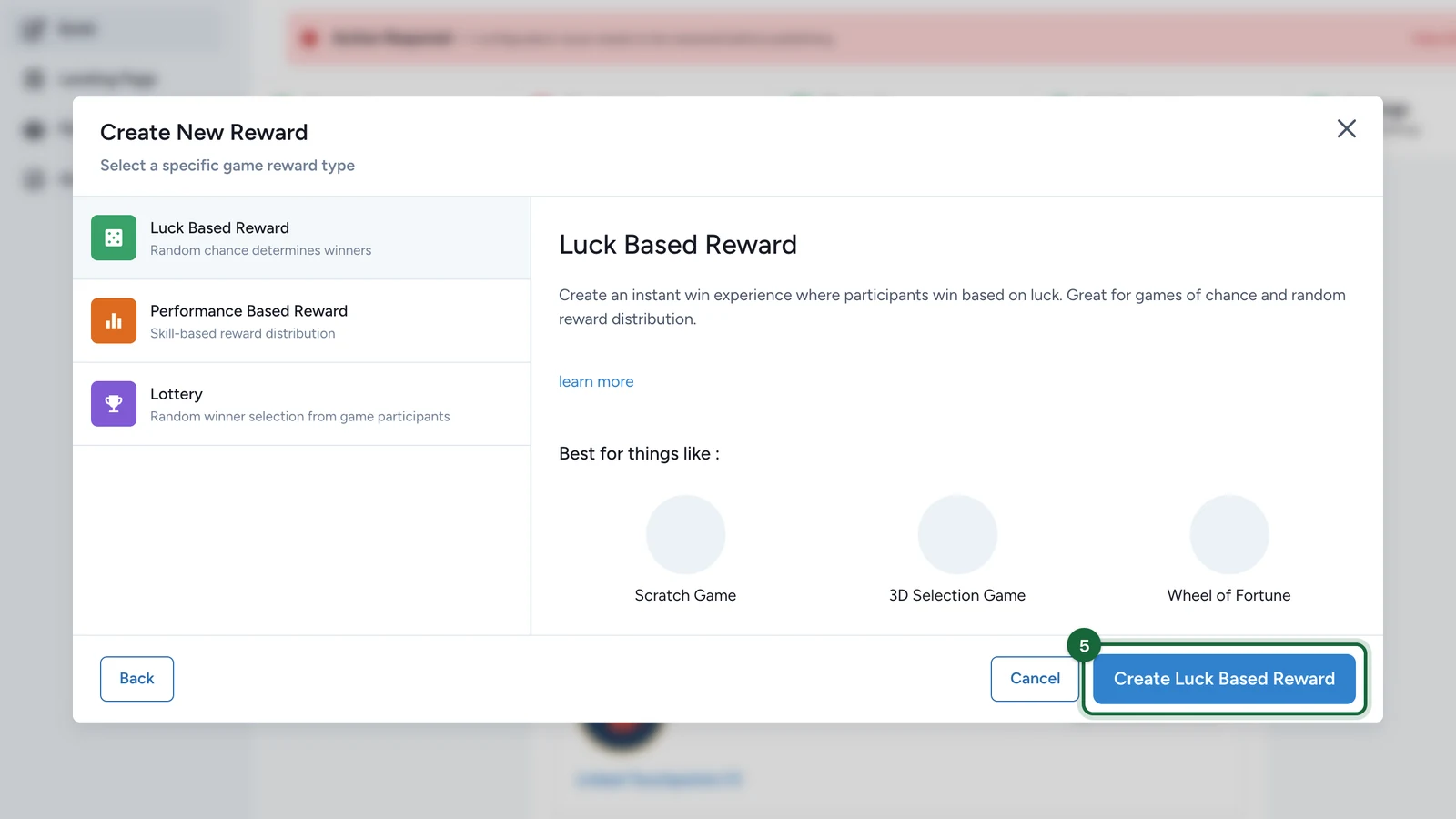 Create New Reward window with the Create Luck Based Reward button highlighted