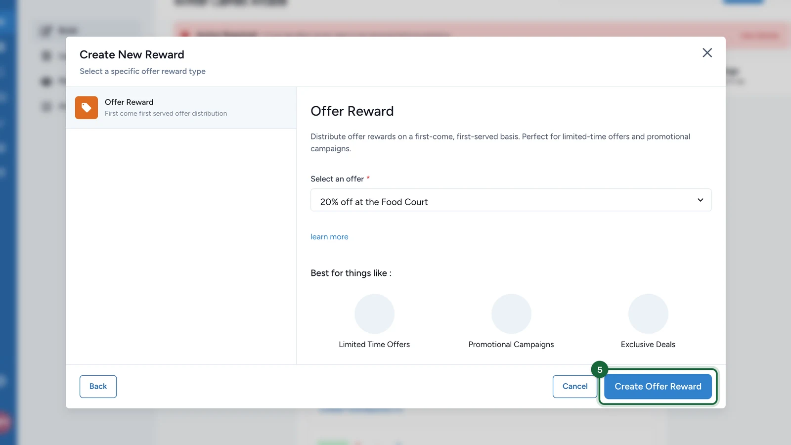 Create New Reward window with the Create Offer Reward button highlighted