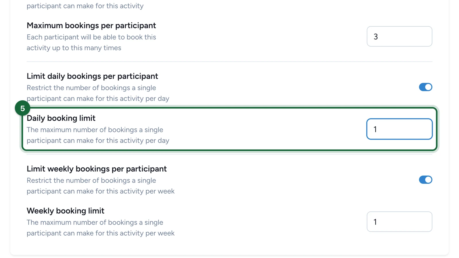 Daily booking limit field, highlighted