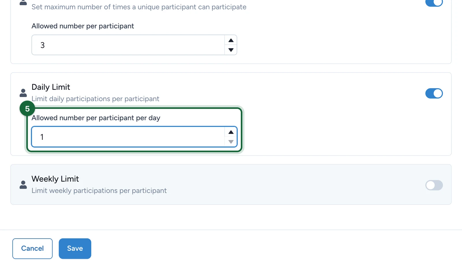 Allowed number per participant per day set to 1, highlighted