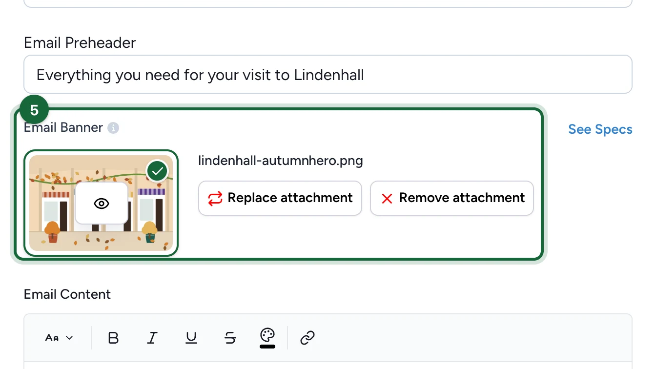 Email Banner field with an uploaded atrium banner, highlighted