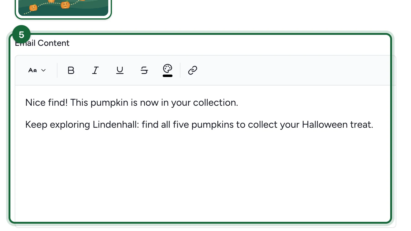 Email Content editor with a message about finding a pumpkin, highlighted