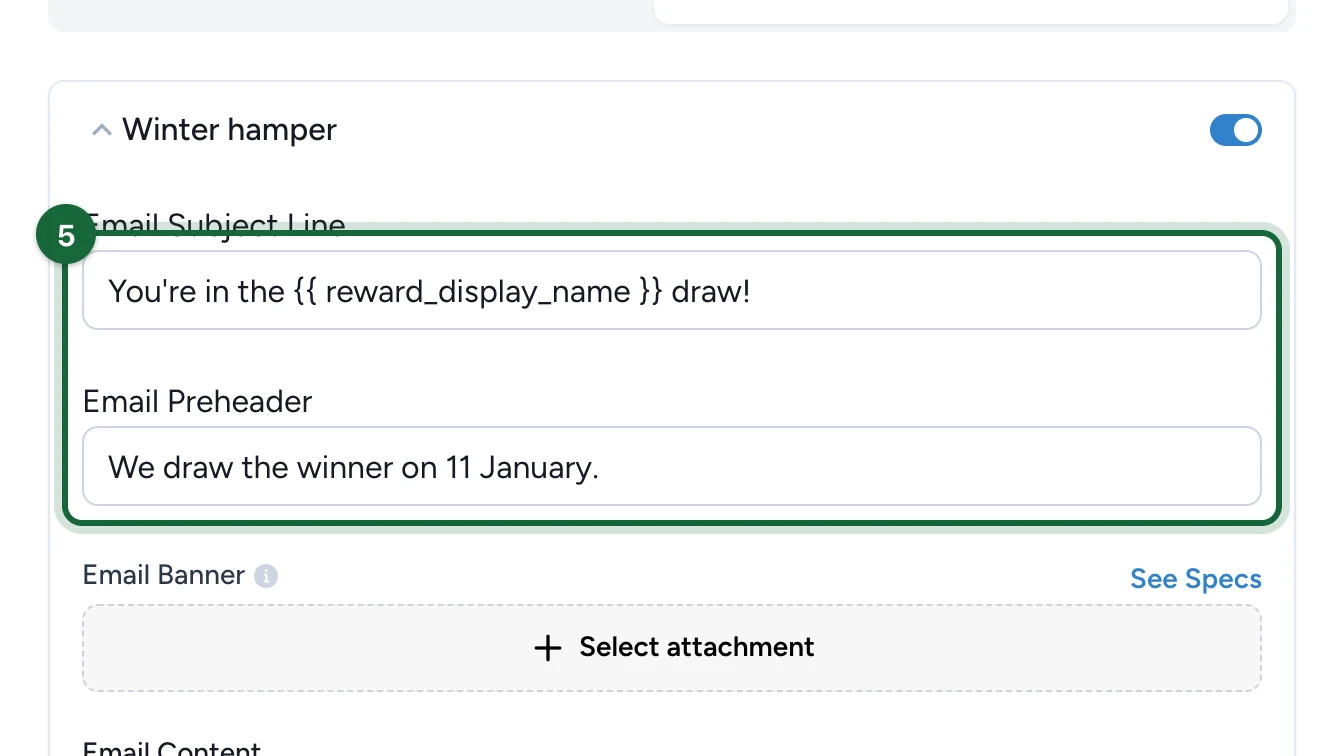 Subject line naming the prize draw, and the preheader, highlighted