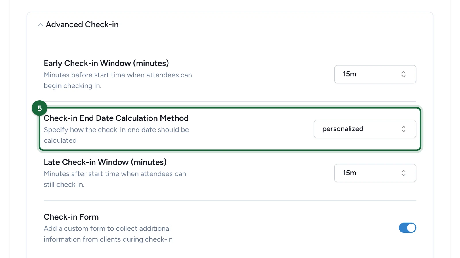 Check-in End Date Calculation Method set to personalized, highlighted