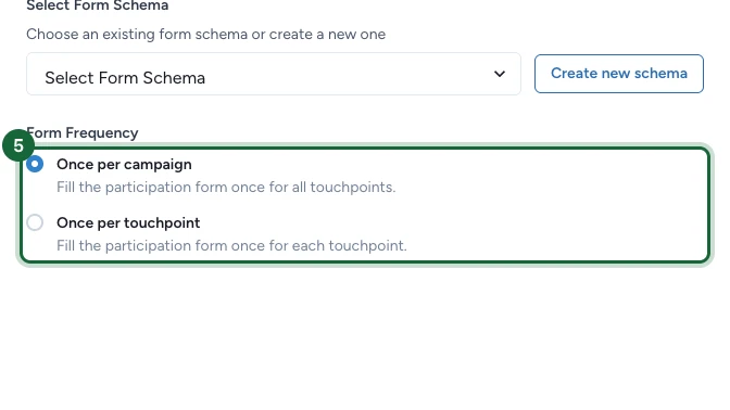 Edit Participation Form dialog with the Form Frequency options highlighted: Once per campaign and Once per touchpoint