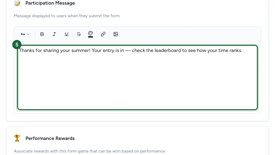 Participation Message section with the rich-text editor for the post-submit message