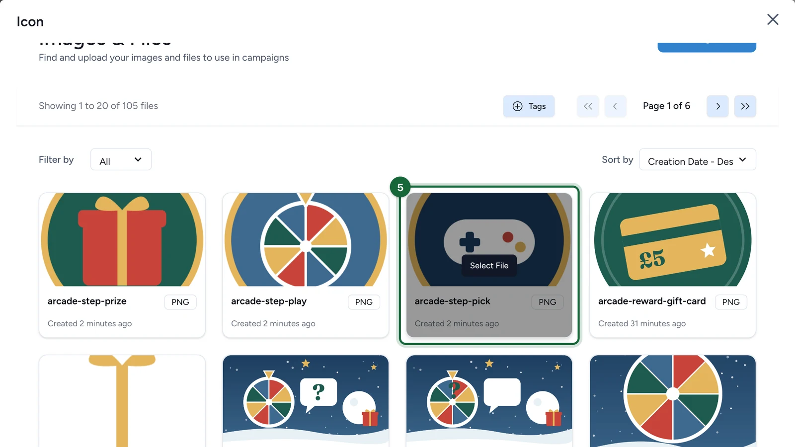 Images & Files library with the game controller icon highlighted