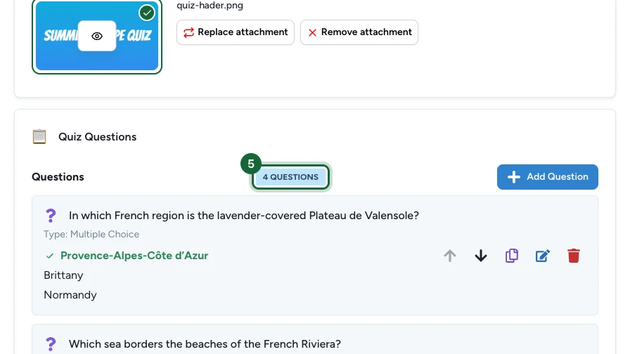 Liste Quiz Questions montrant les questions enregistrées et le compteur de questions mis en évidence