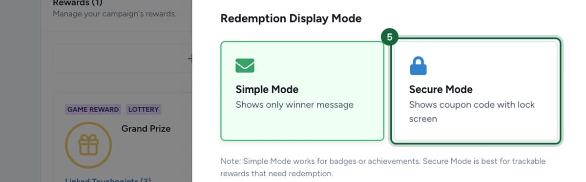 Reward Redemption Display Mode with the Secure Mode card highlighted next to Simple Mode
