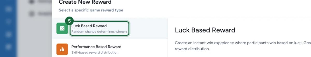 Sous-types de récompense de jeu avec la tuile Luck Based Reward sélectionnée et mise en évidence
