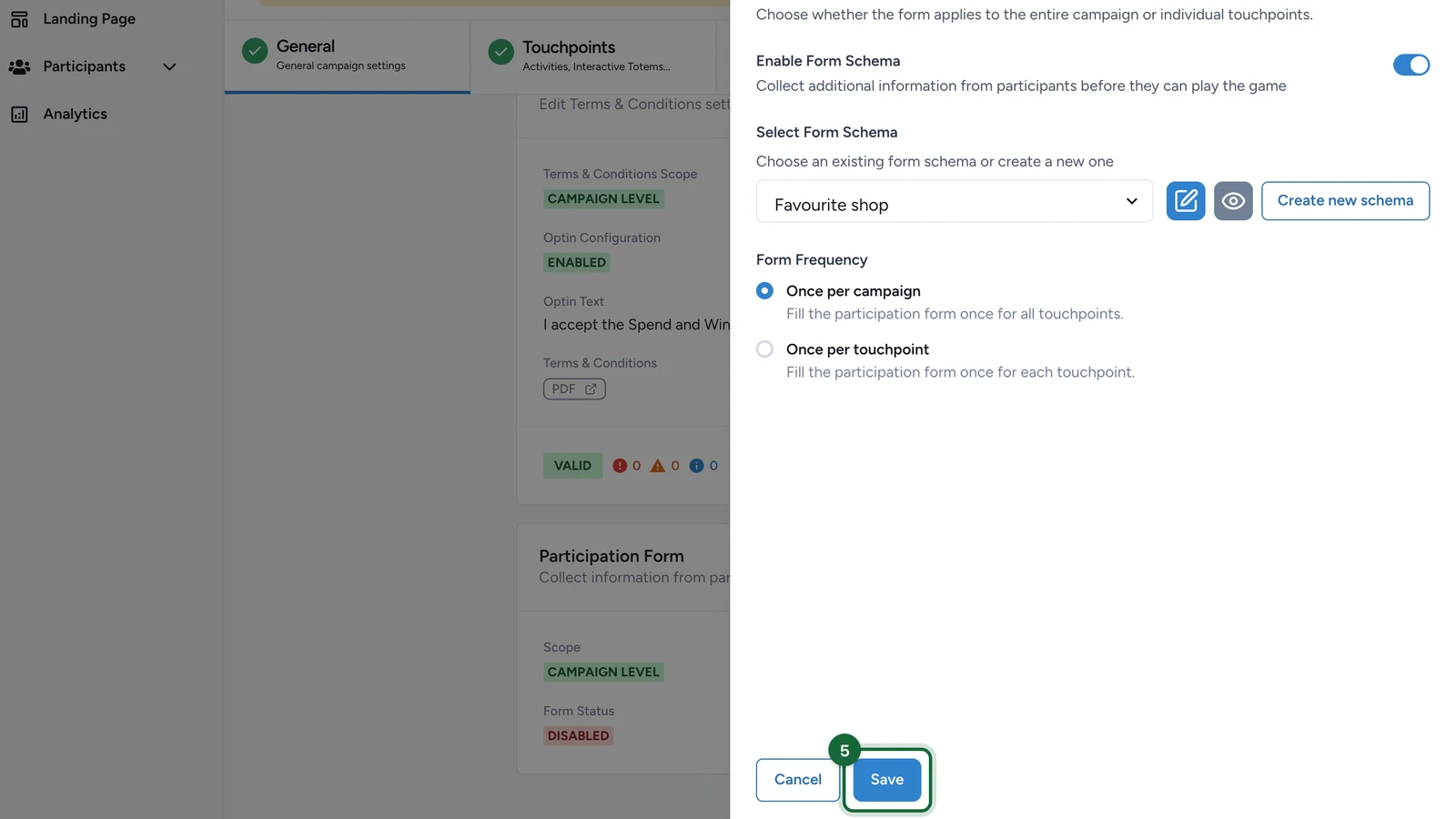 Edit Participation Form footer with the Save button highlighted