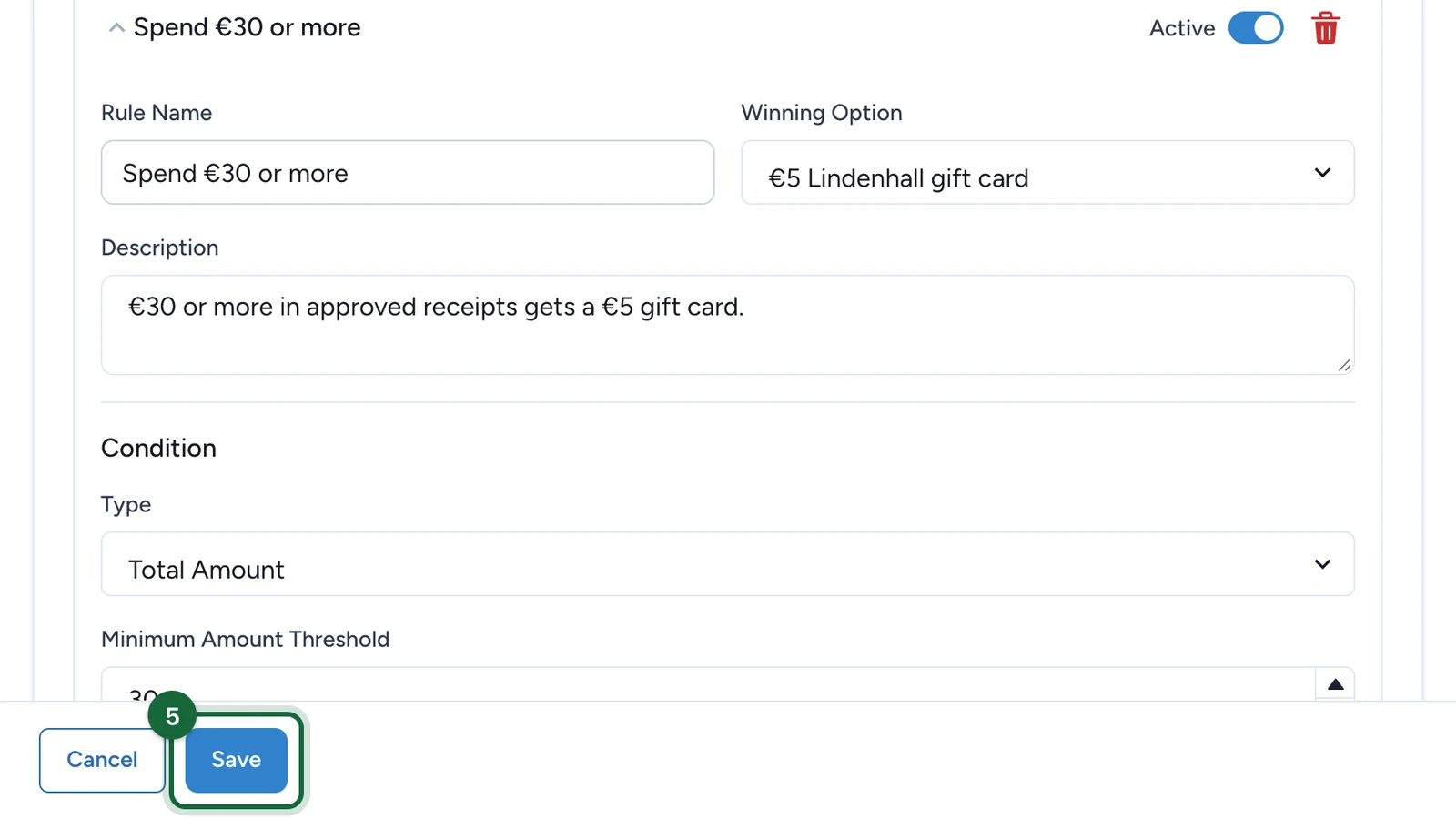 Receipt game editor footer with the Save button highlighted
