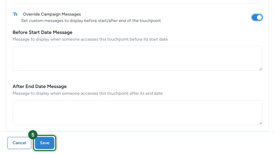 Éditeur de touchpoint avec le bouton Save mis en évidence