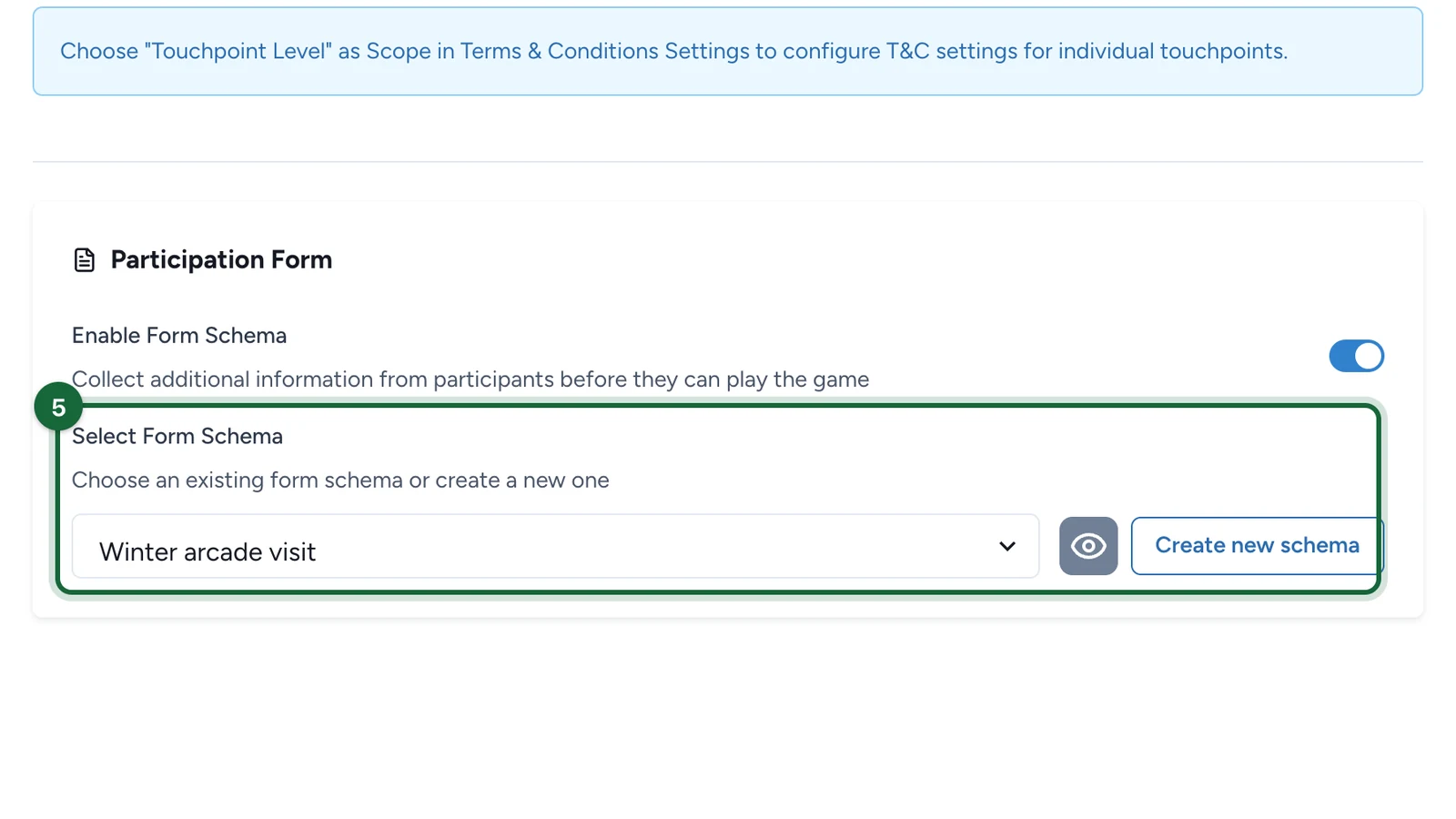 Select Form Schema showing Winter arcade visit, highlighted