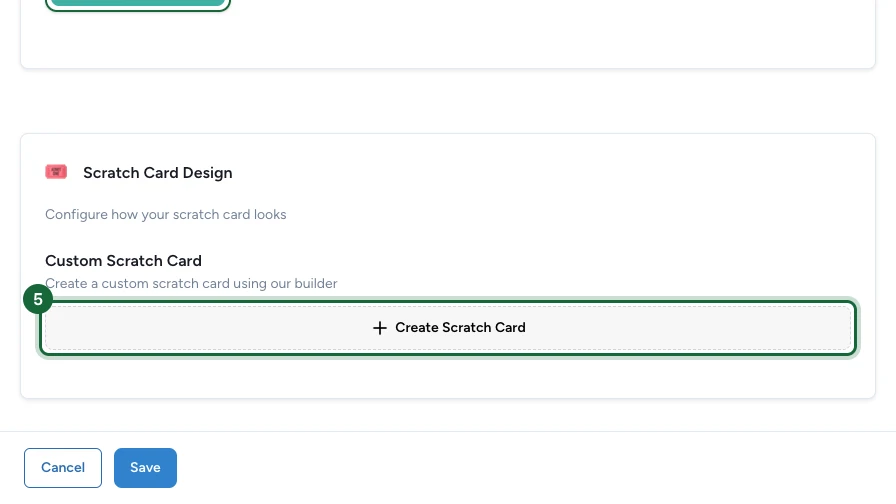 Scratch Card Design section with the Create Scratch Card button highlighted
