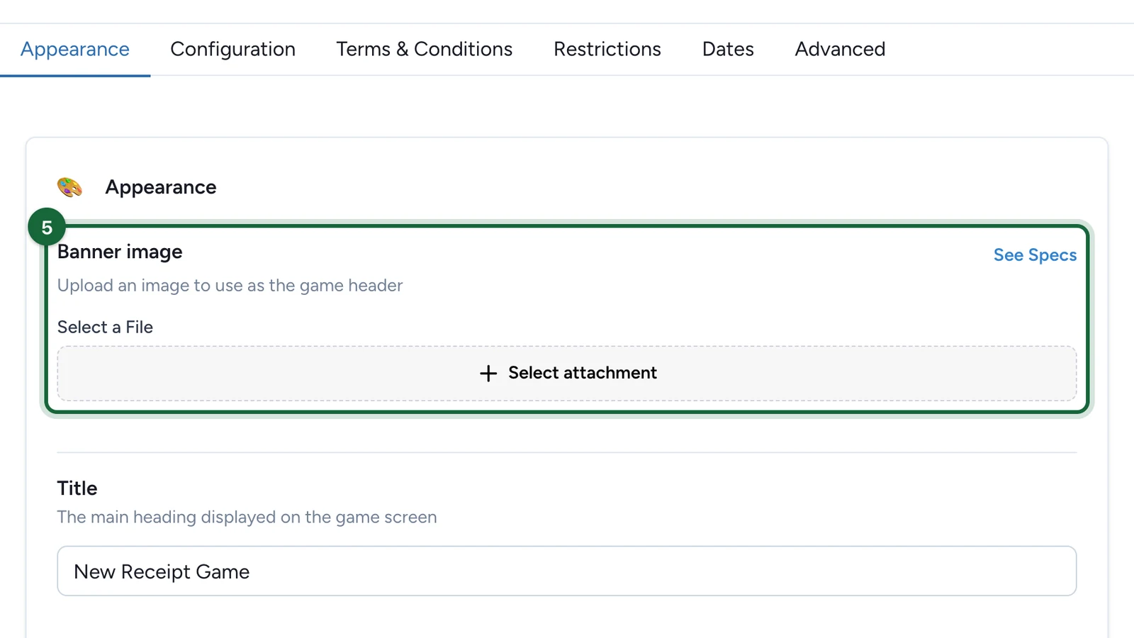 Appearance tab with the Banner image Select attachment button highlighted