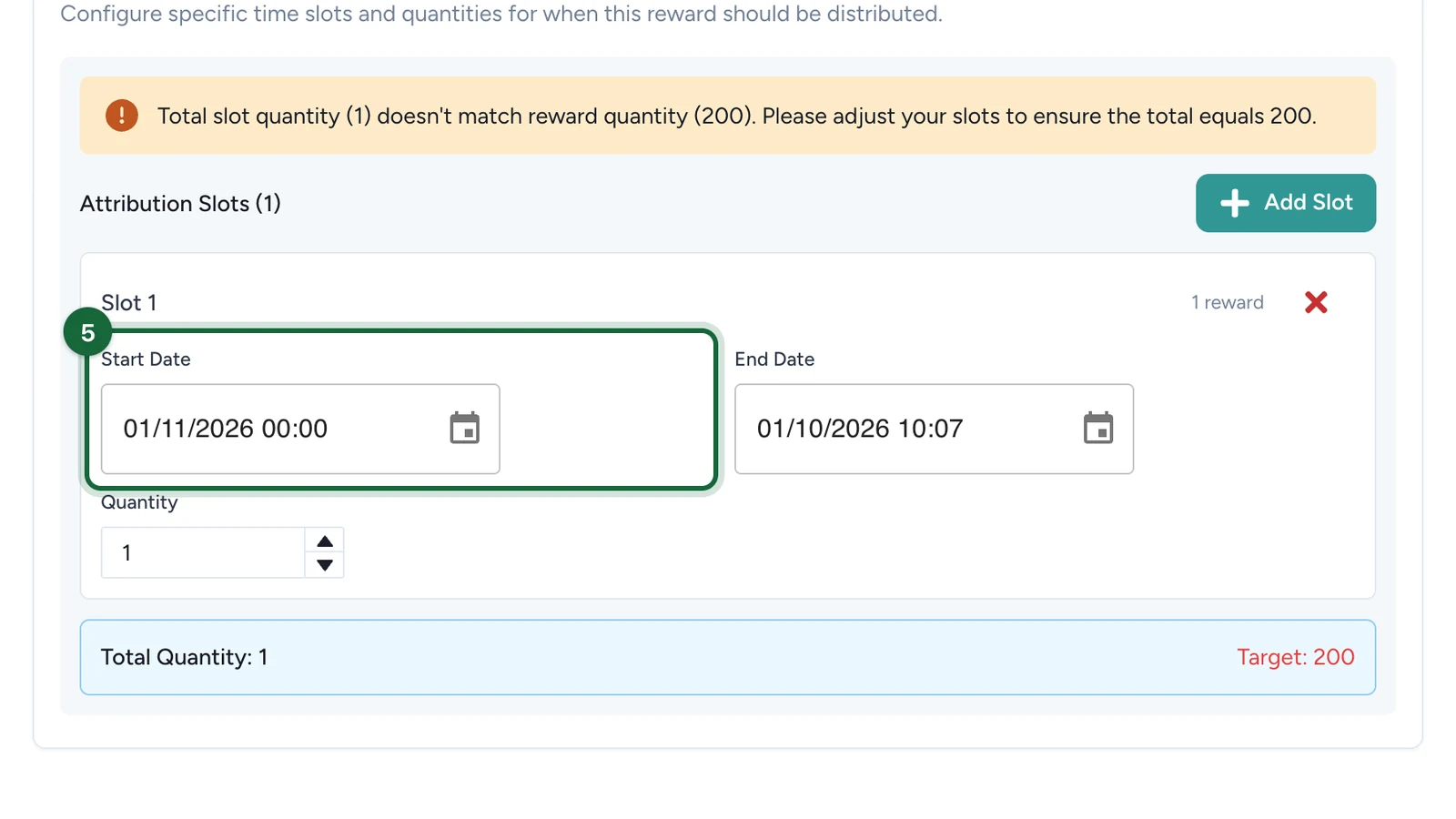 Slot 1 with Start Date 01/11/2026 00:00, highlighted