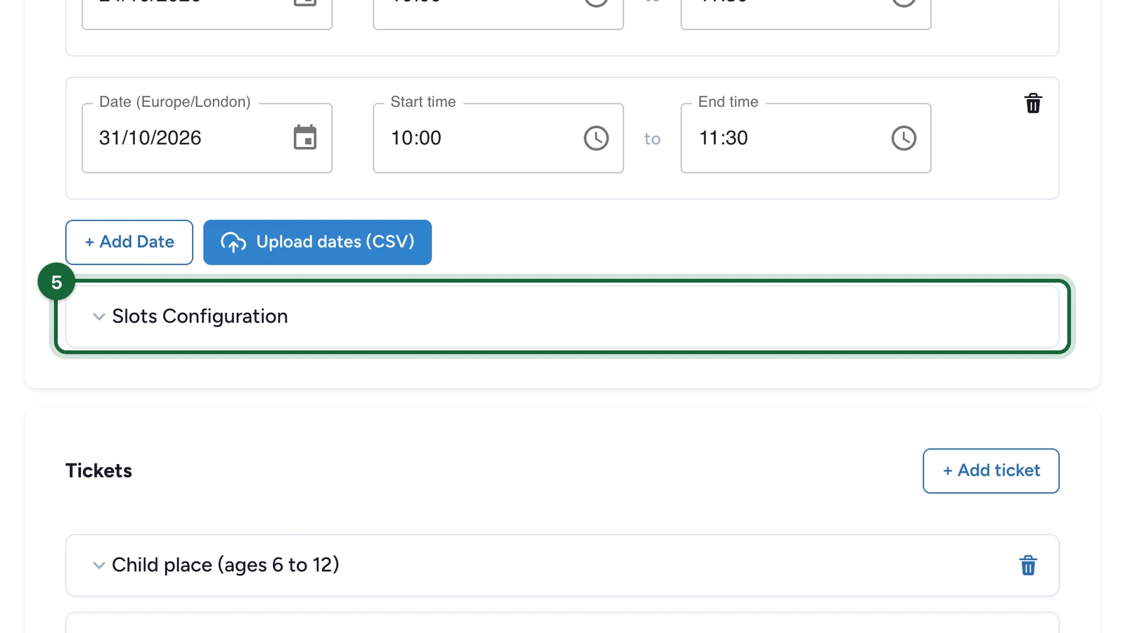 Slots Configuration header highlighted under the dates