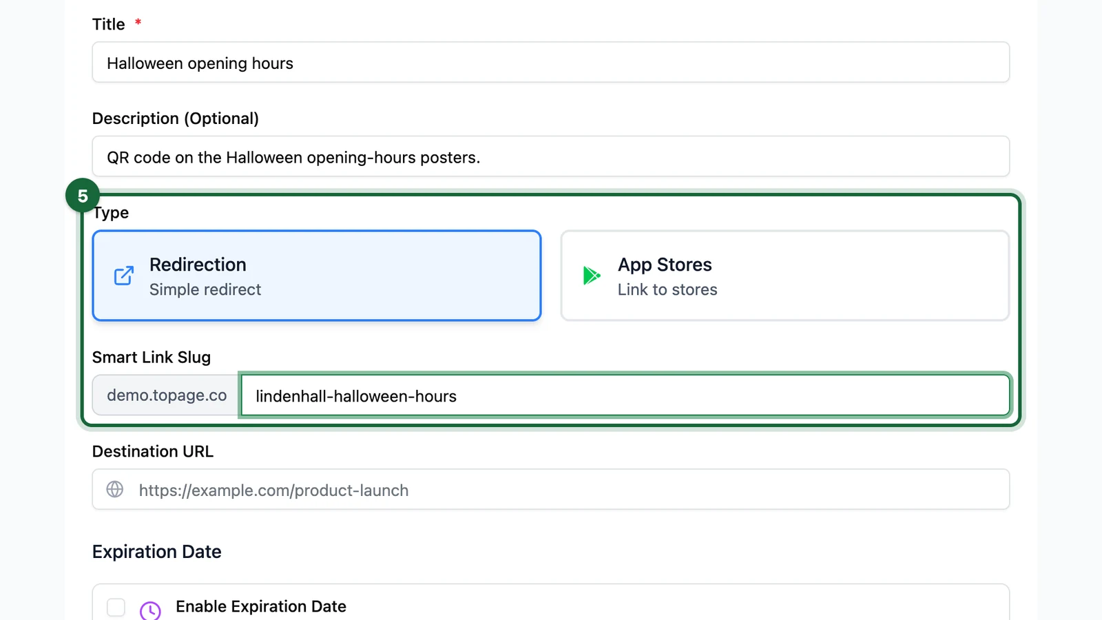 Type Redirection and the Smart Link Slug lindenhall-halloween-hours, highlighted