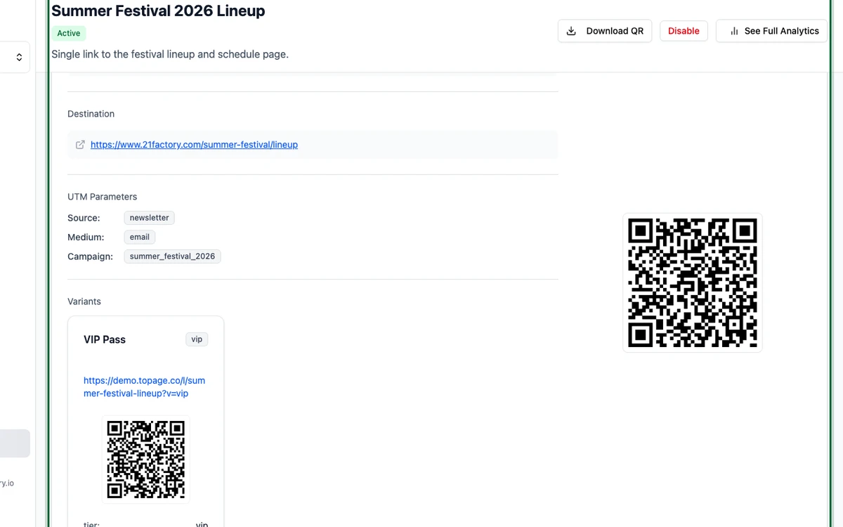 Page Details d'un exemple distinct déjà configuré avec des UTM Parameters et une carte Variant, à côté de l'état Active, la Destination et l'aperçu QR