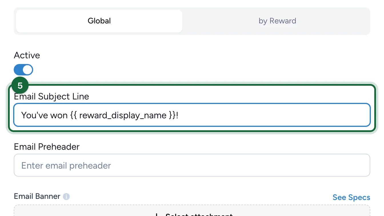 Email Subject Line You've won, followed by the prize name field, highlighted