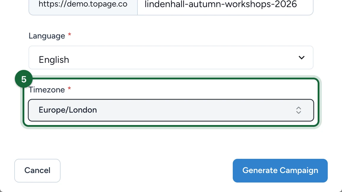 Timezone set to Europe/London, highlighted