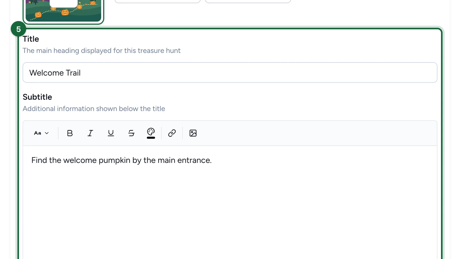 Title and Subtitle fields of the Welcome Trail, highlighted