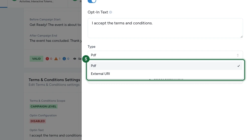 Boîte de dialogue des paramètres des conditions générales avec le menu Type ouvert, montrant les options Pdf et External URI