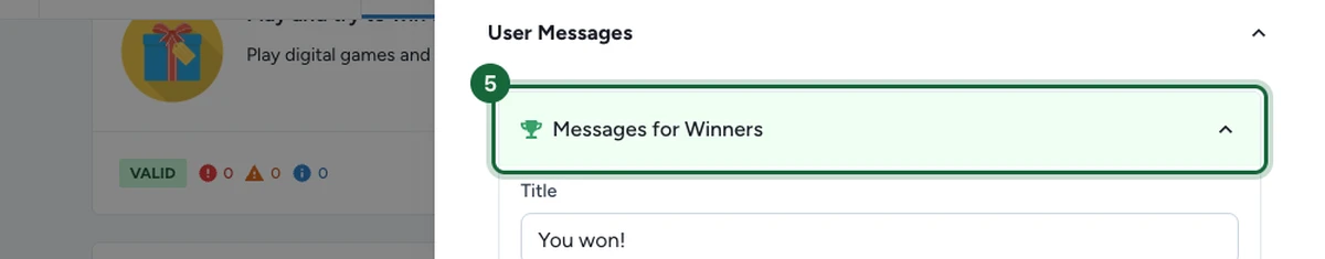 Section User Messages avec le panneau Messages for Winners déplié et mis en évidence