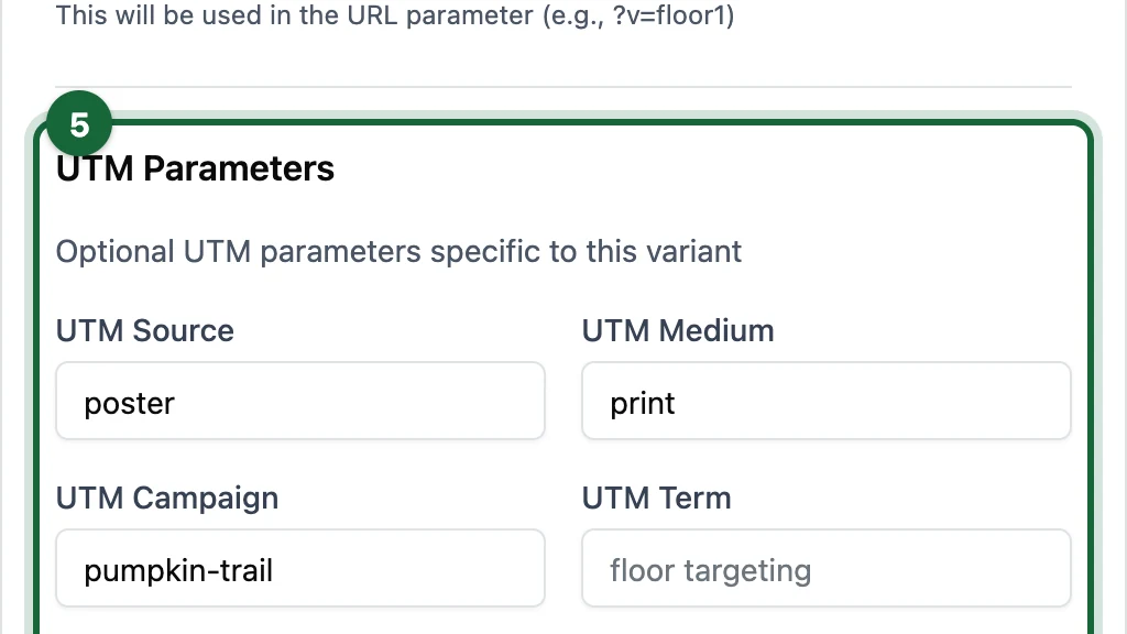 Add Variant window with the variant's UTM Parameters filled in, highlighted