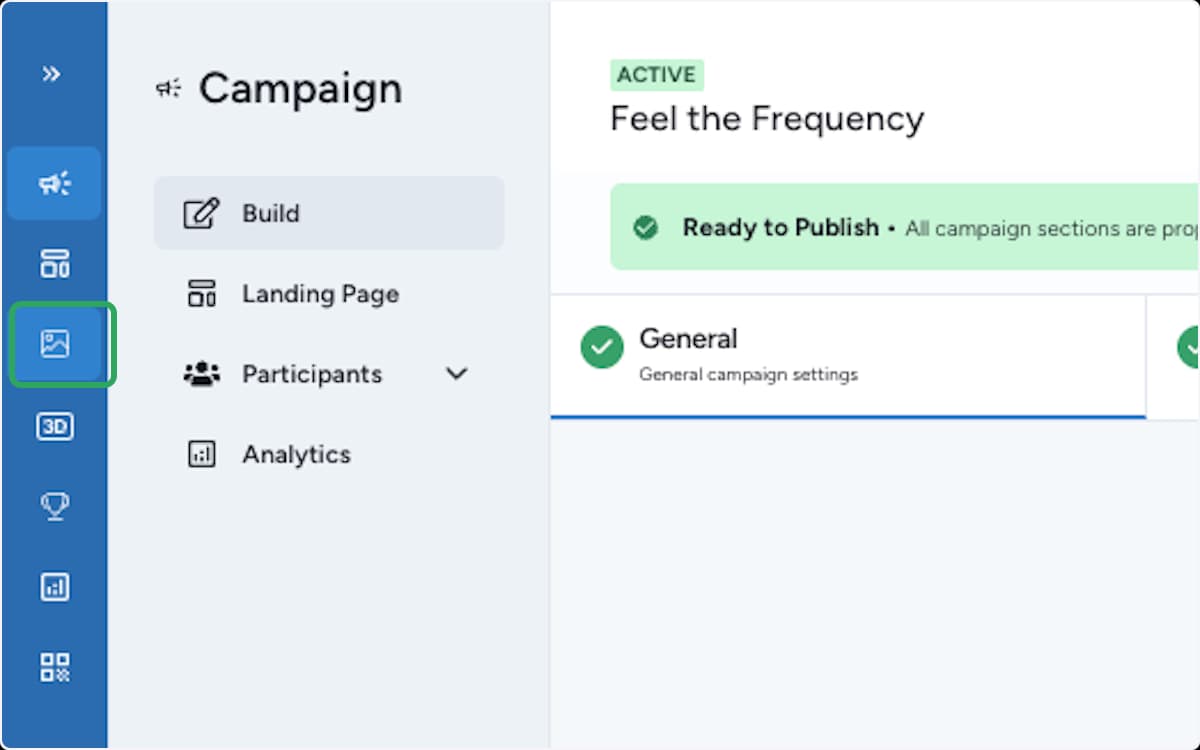Campaign sidebar with the Images and Files icon highlighted