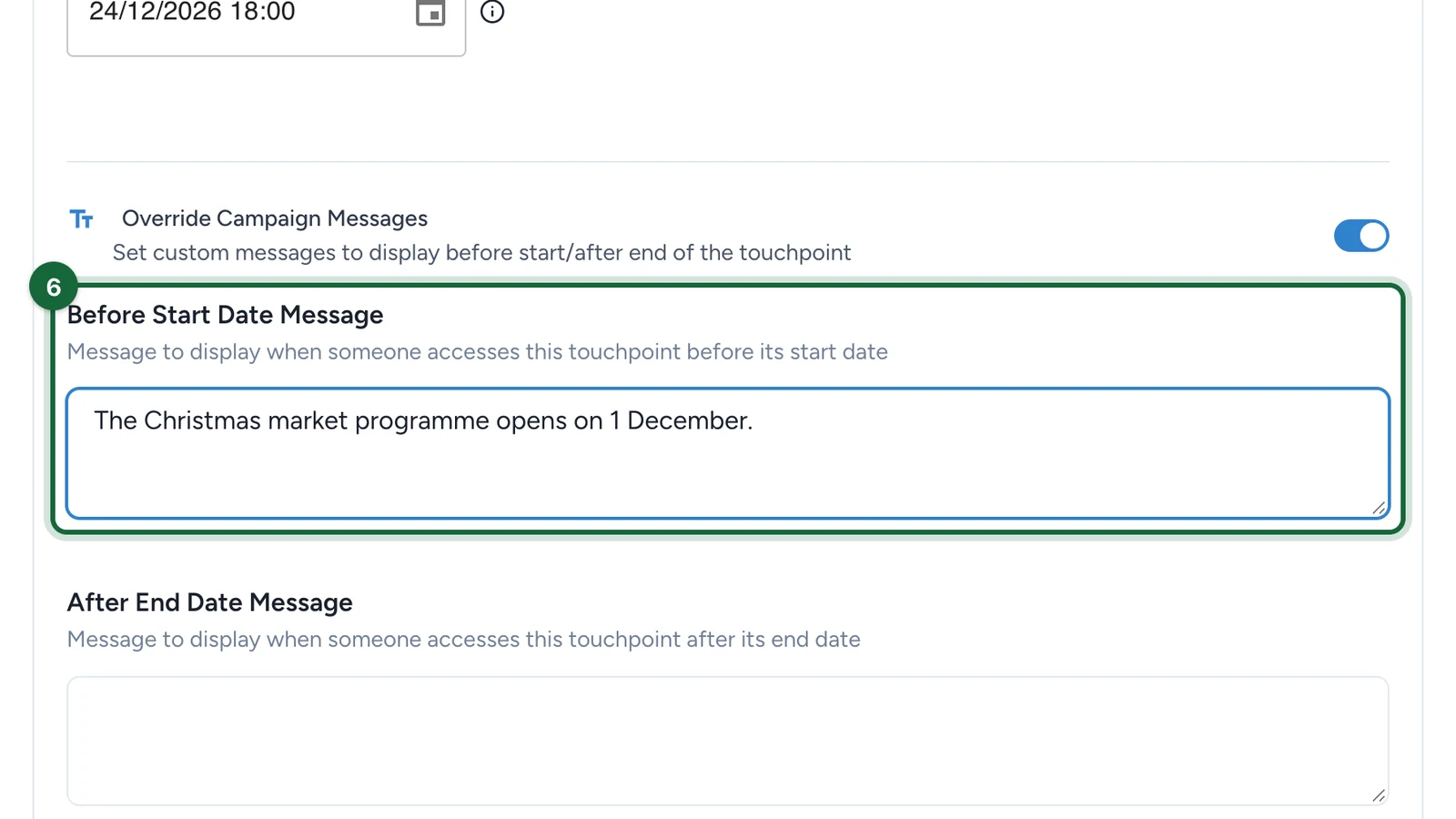 Before Start Date Message filled in, highlighted