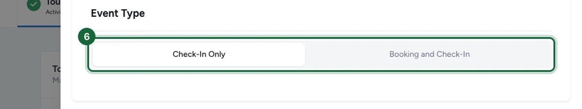 Event Type selector with the Check-In Only and Booking and Check-In options, with Check-In Only highlighted