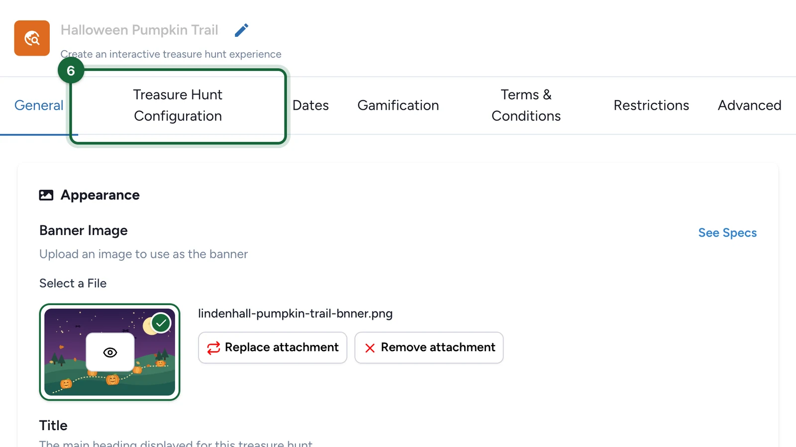 Hunt editor with the Treasure Hunt Configuration tab highlighted