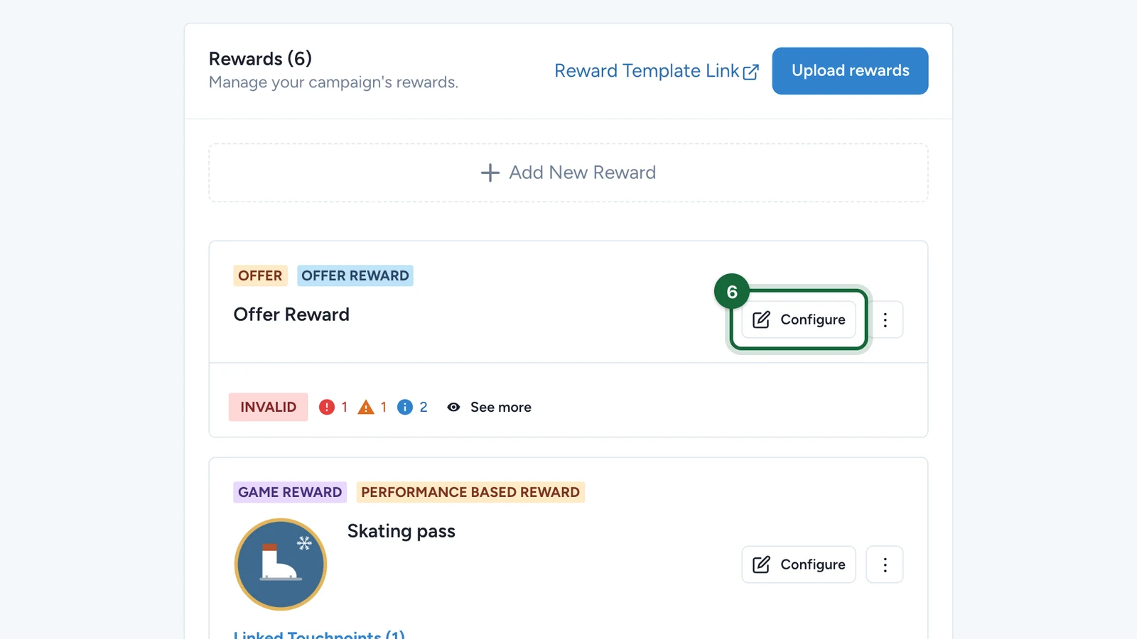 New Offer Reward card with its Configure button highlighted