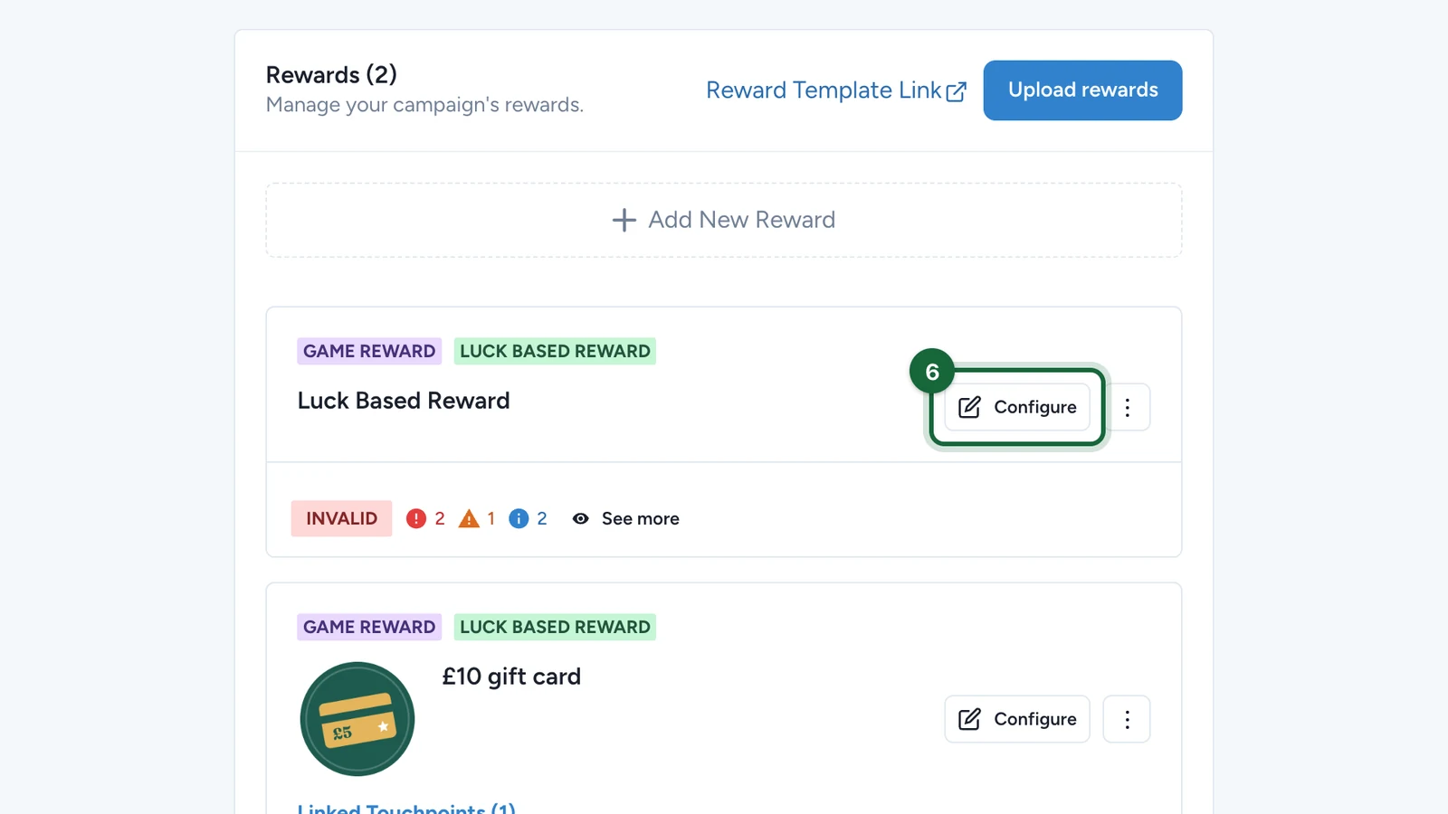 New Luck Based Reward card with its Configure button highlighted