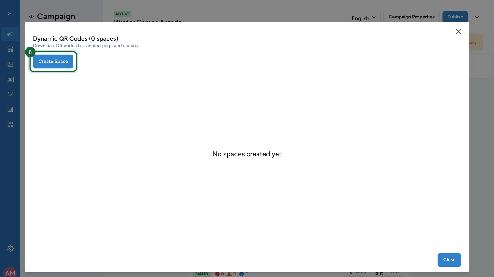 Dynamic QR Codes window with the Create Space button highlighted