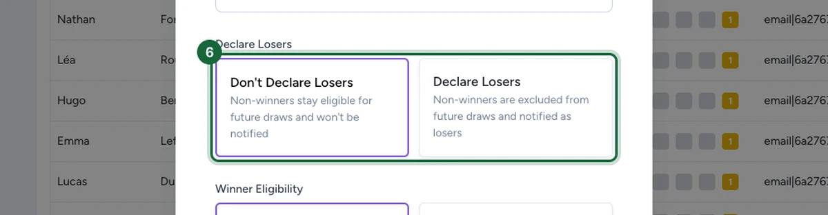 New Draw window with the Declare Losers options highlighted, showing Don't Declare Losers and Declare Losers cards.