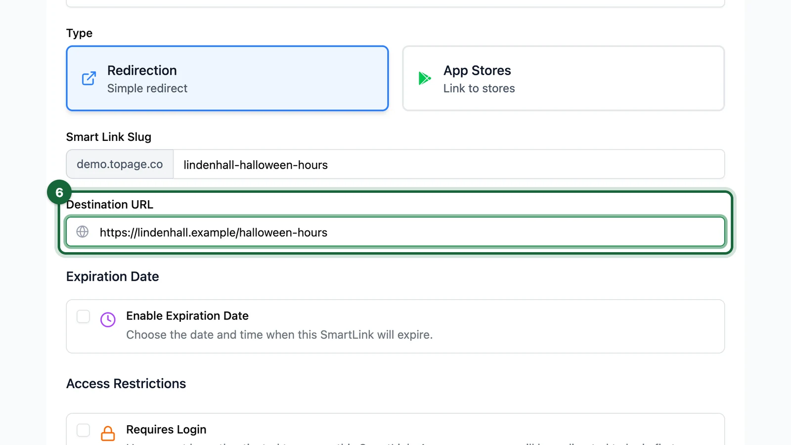 Destination URL set to the Halloween opening-hours page, highlighted