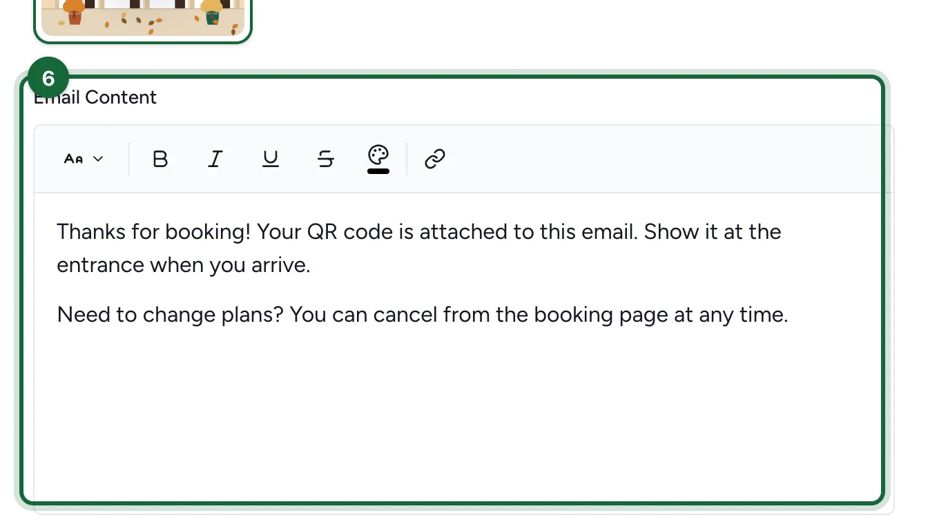 Email Content editor with a thank-you message about the attached QR code, highlighted