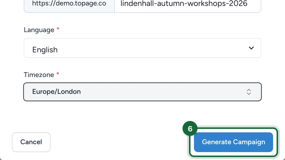 Generate Campaign button highlighted at the bottom of the form