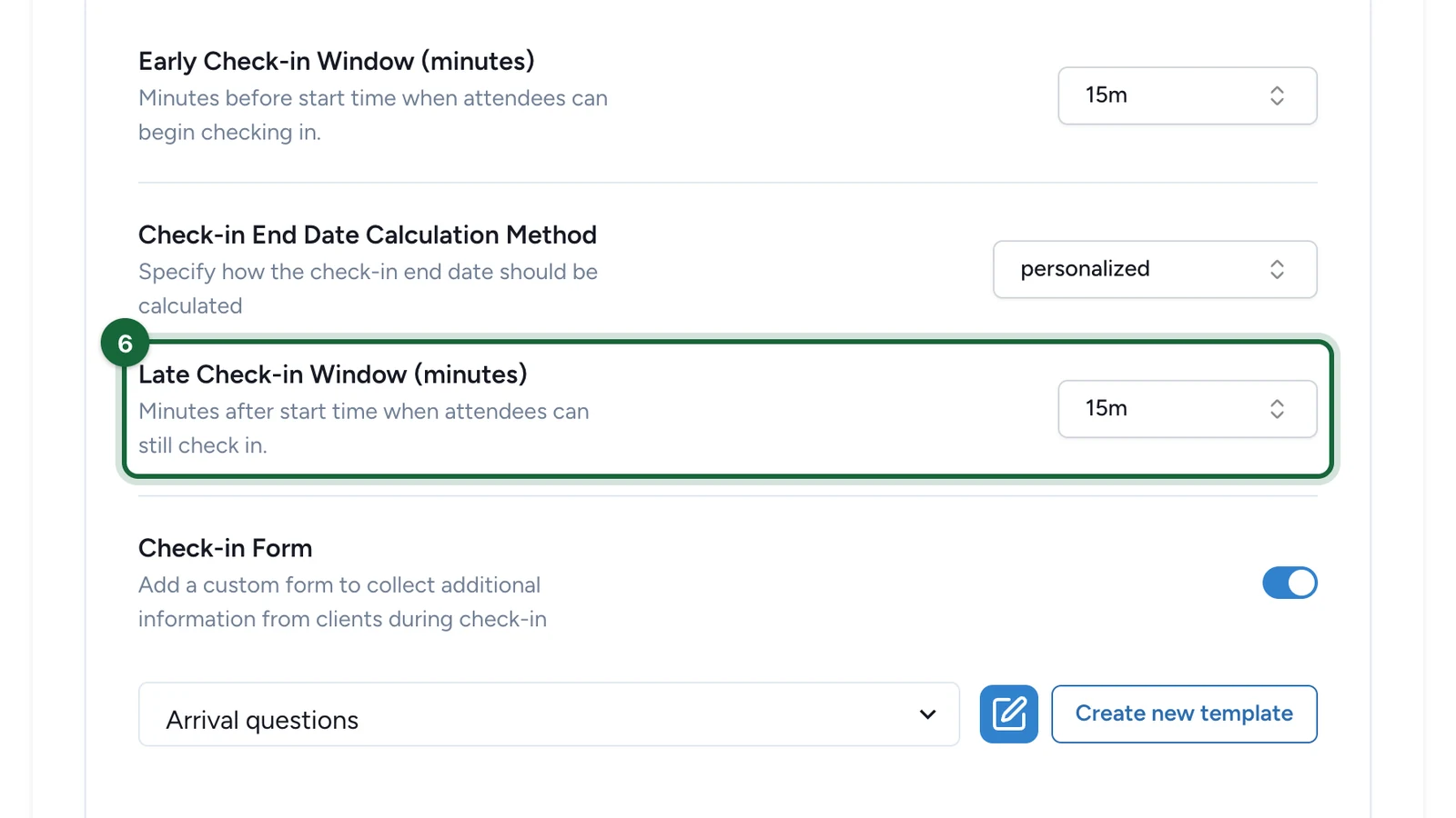 Late Check-in Window set to 15 minutes, highlighted