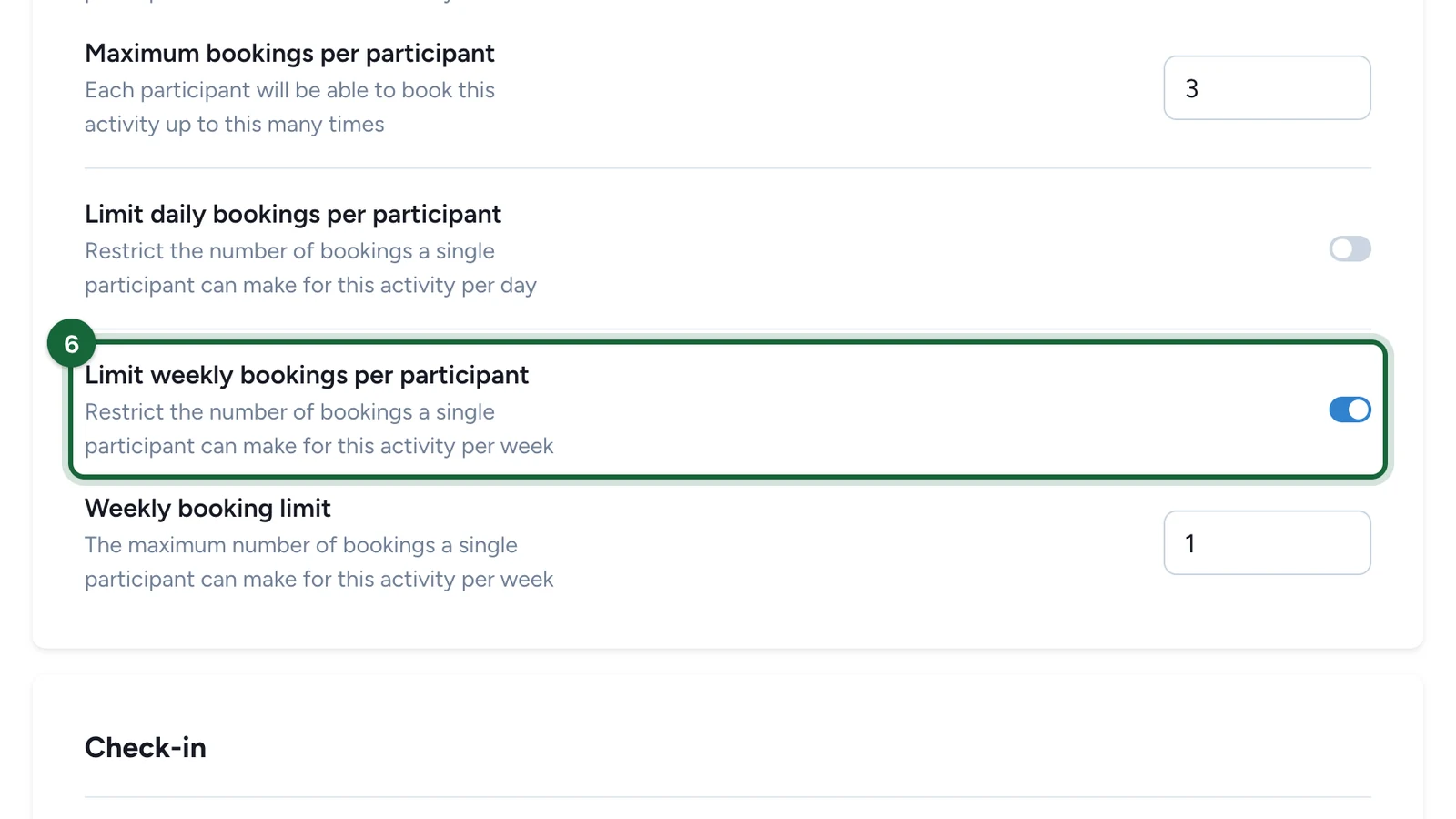 Limit weekly bookings per participant switch turned on, highlighted